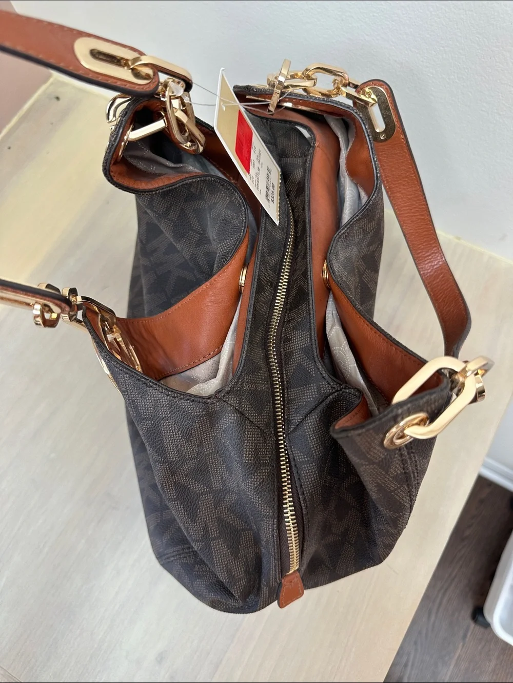 Michael Kors Dark Brown Monogram Shoulder Bag with Gold Hardware